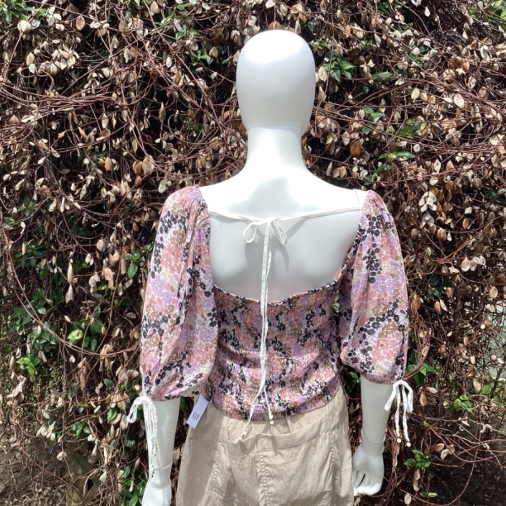 Free People Smocked Puff Sleeve Tie Back Crop Top - Picture 5 of 10